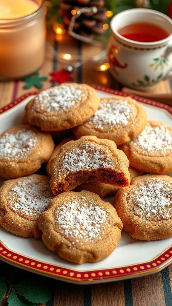 A plate of crunchy ginger snap cookies with a dusting of sugar, on a festive table with a cup of tea.